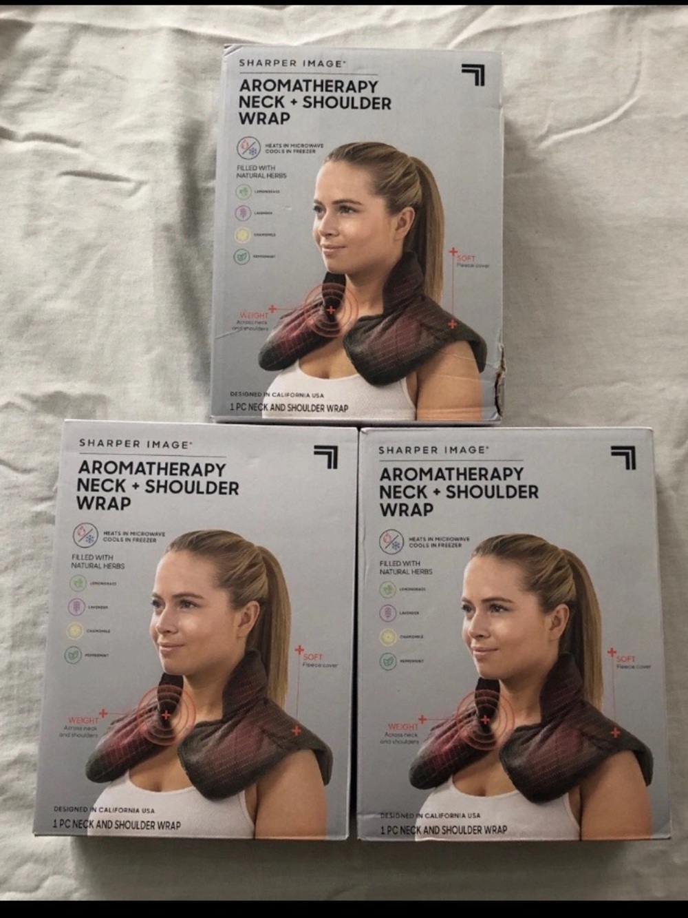 3 Pack Sharper Image Aromatherapy Neck & Shoulder Wrap Heats Cools Natural Herbs